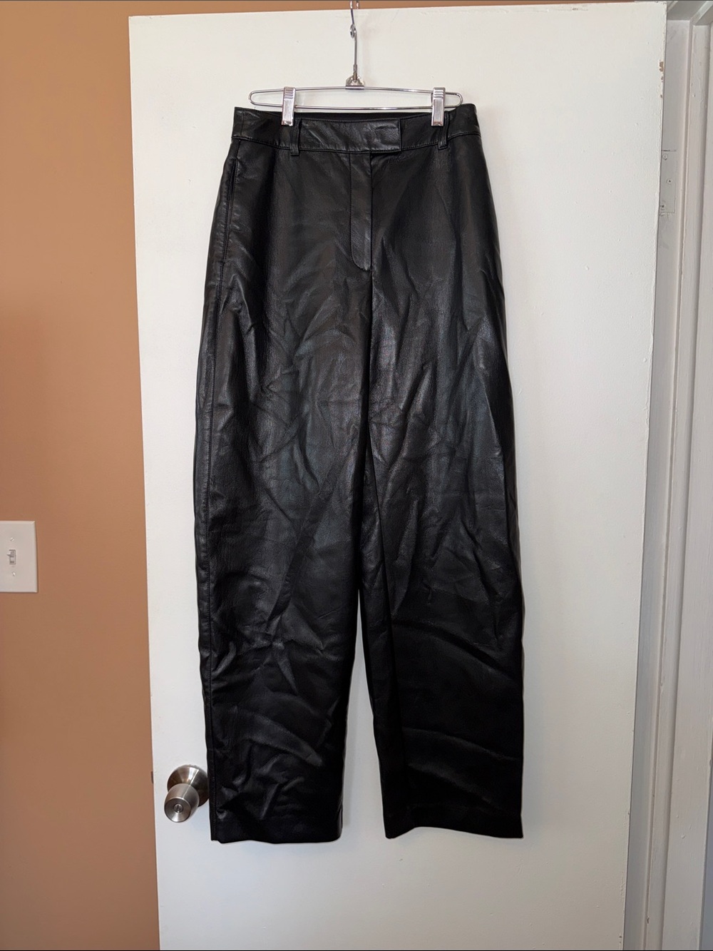 Babaton Black Faux Leather High-Rise Straight Leg Pants